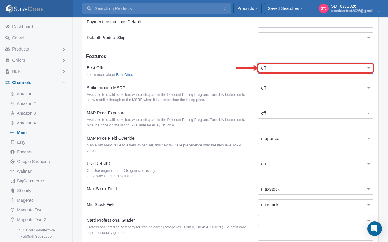 Best Offer dropdown in eBay channel Settings under Features