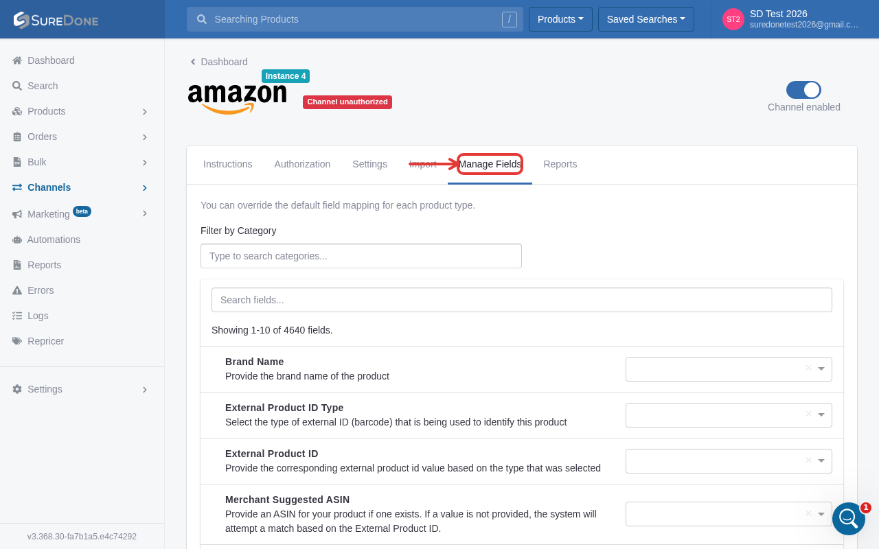New Amazon instance detail page with tabs including Manage Fields