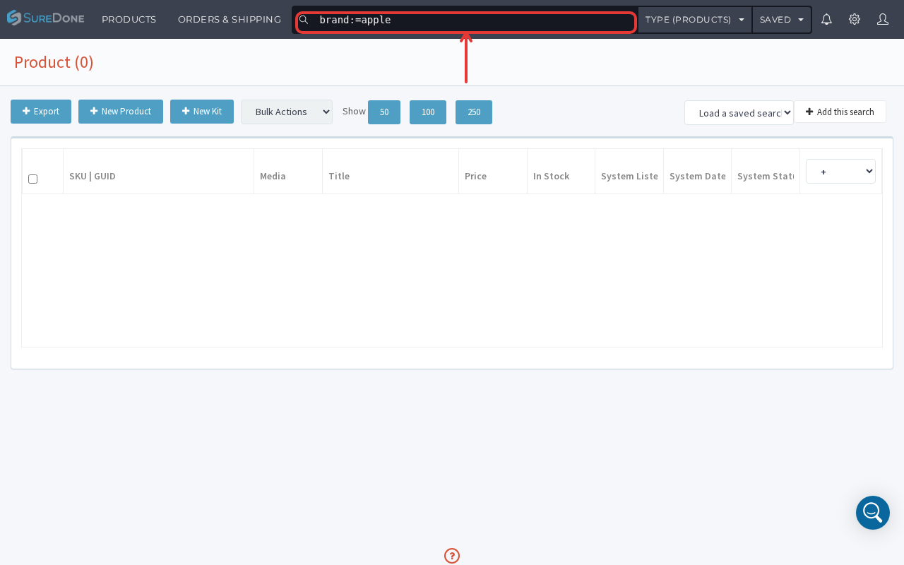 Search bar with brand:=apple query entered