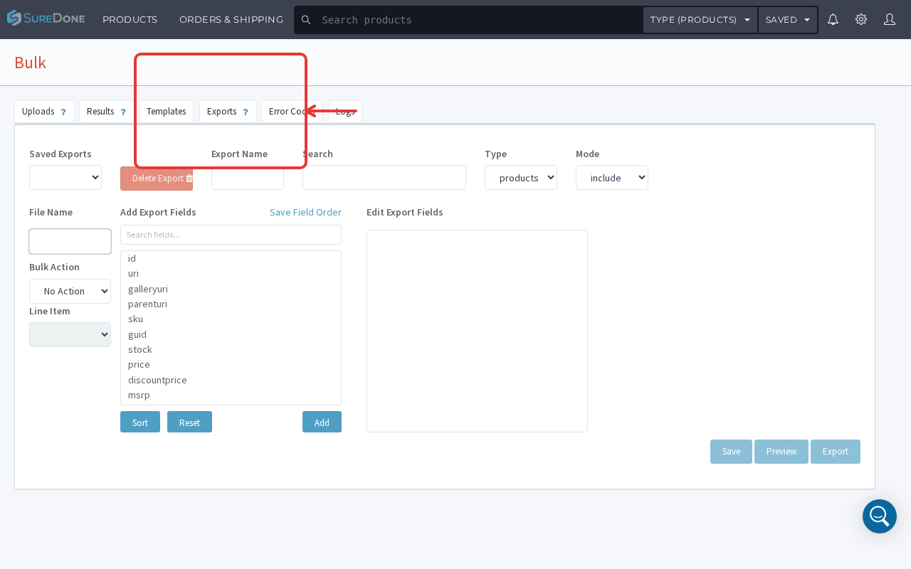 Products > Export configuration form on the Bulk Exports tab