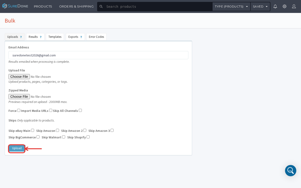 Bulk Uploads page showing Choose File, Skip Channels checkboxes, and Upload button